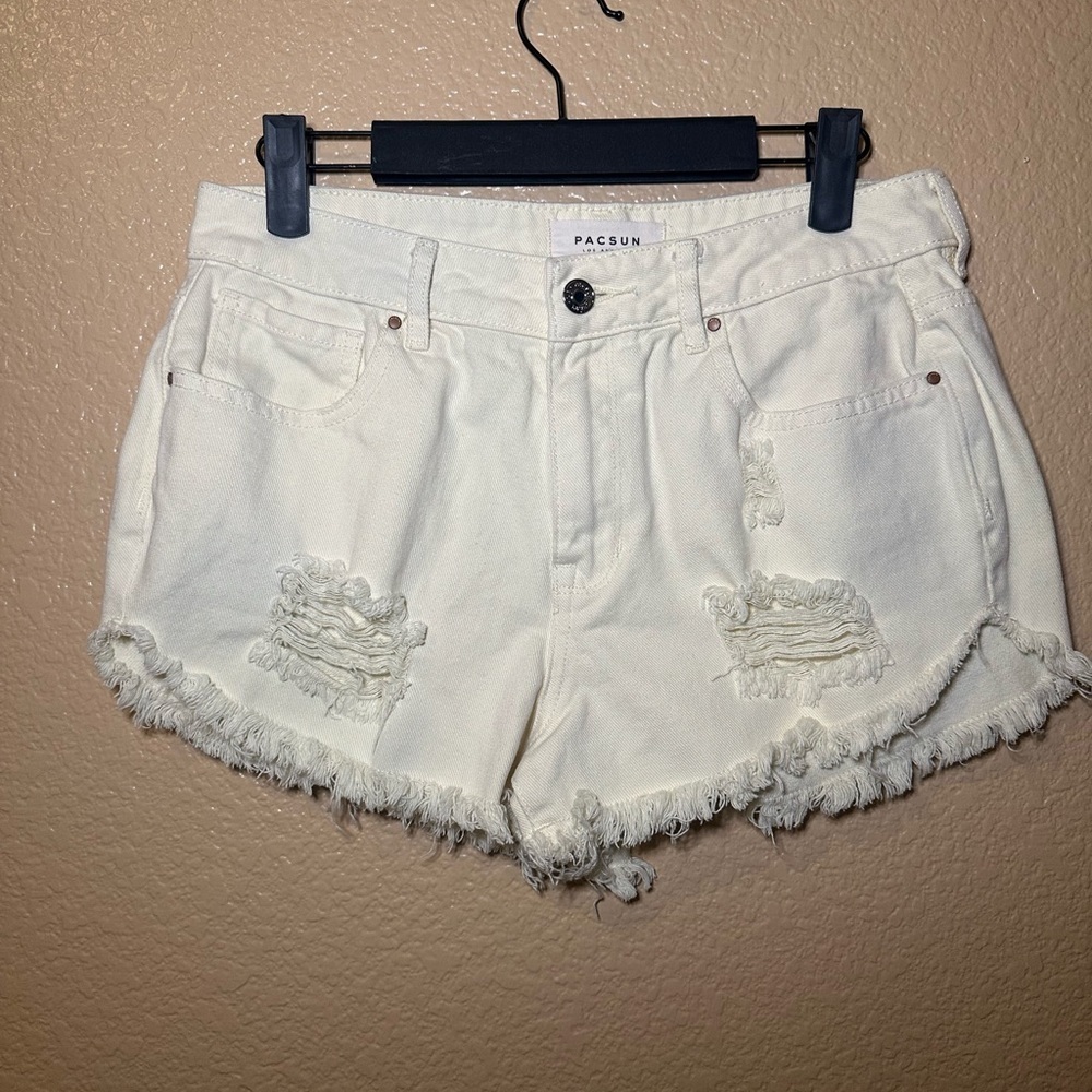 PacSun Women's Cream Distressed Jean Shorts